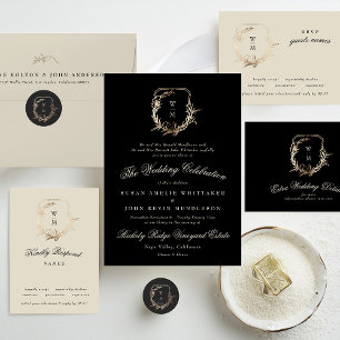 Invitation Mariage de couronne d'or de monogramme noir et crè