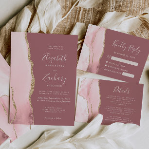 Blush Pink Gold Agate Dusty Rose Wedding Carte RSV