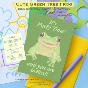 Invitation Cute Green Tree Frog - texte complet de la fête d'