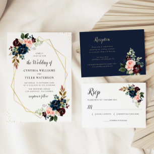 Invitation or géométrique bordeaux & marine mariage floral