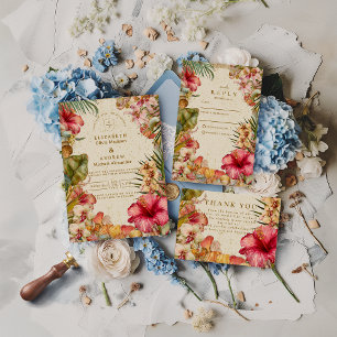 Tropische Hibiscus Botanische Bruiloft RSVP Kaartje