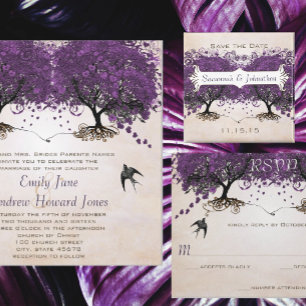 Invitation Violet Vintage Oiseaux Chêne Mariage de défilement