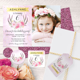 Sticker Carré Floral Antlers & Blush Pink Gold Marble Anniversai