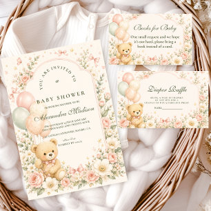 Invitation Douce Baby Shower Fleurie sur le thème de Teddy l'