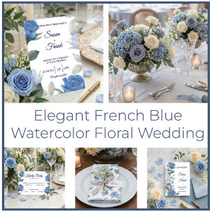 Elegante Franse Blauwe Roos Waterverf Trouwfeest RSVP Kaartje