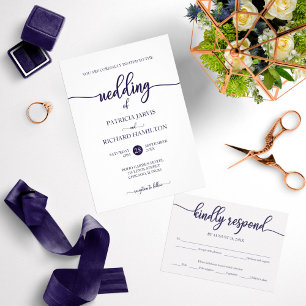 Invitation Élégant Mariage de script bleu et blanc de la mari