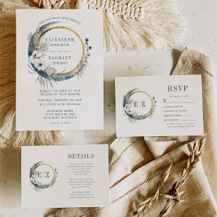 Boho Blue Moon Floral Monogram met details Informatiekaartje