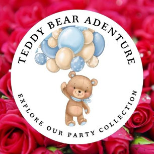 Sticker Rond Ballons Bleus Teddy Bear Baby shower Merci