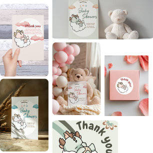 Carte De Remerciements Bébé dragon endormi rose pastel nuageux 