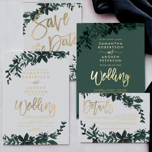 Chic Gold script typografie Floral green bruiloft Folie Uitnodiging