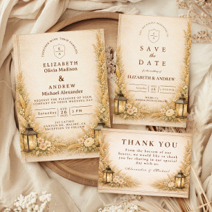 Save The Date Mariage champêtre avec lanterne aux fleurs sauvage