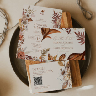 Carte D'accompagnement Élégant Moderne Terracotta Floral Boho Fall QR Cod
