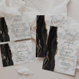 Invitation Mariage moderne en marbre d'Agate Black Gold