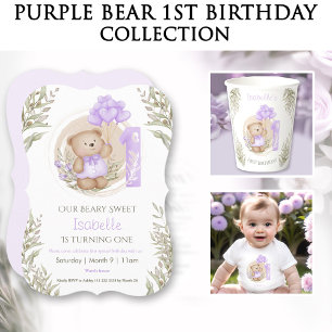 Carte De Remerciements Cute Teddy Bear Purple 1er Anniversaire Photo