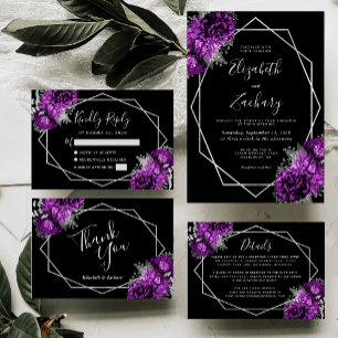 Carte De Remerciements Mariage Géométrique Argent Noir Floral Violet