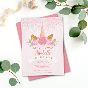 Invitation Whimsical Blush rose arc-en-ciel Unicorn Anniversa