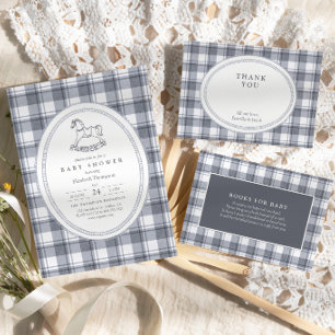 Invitation Fête de Bébé Gingham Cheval à Bascule Vintage Élég