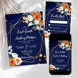 Ballotins Mariage bleu marine orange fleurs blanches