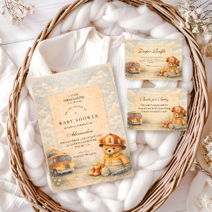 Invitation Fête de bébé pompier en tenue d'ours en peluche