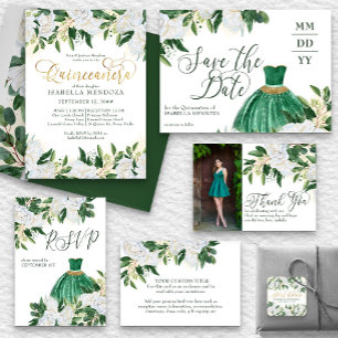 Invitation Emerald Green Peony blanc Quinceanera et messe