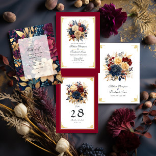 Invitation Or, bleu marine et Mariage floral de Bourgogne