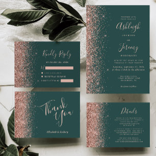 Invitation Modern Rose Gold Glitter Edge Dark Green Wedding