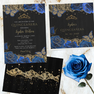 Sticker Rond Vintage Bleu Roses Noir Or dentelle Quinceañera