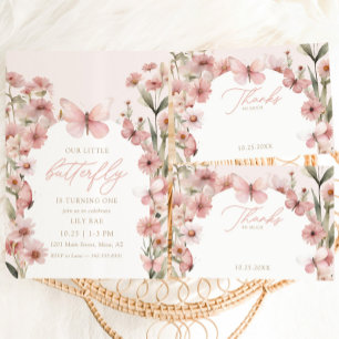 Invitation Notre petit papillon rose filles 1er anniversaire