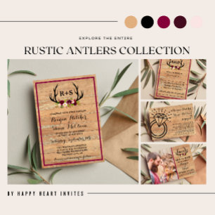 Invitation Rustique Antlers Floral Bourgogne Mariage bois