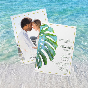 Invitation QR Code Beach Tropical Monstera Feuille Gold Photo
