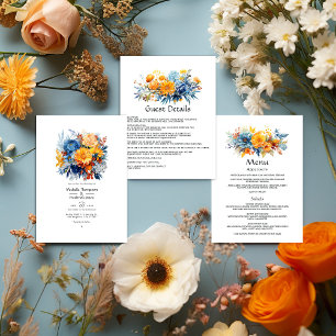 Menu Mariage floral bleu, orange et jaune