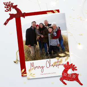 Elegant kerstscript Gold Leaves Holiday Foto Feestdagen Kaart