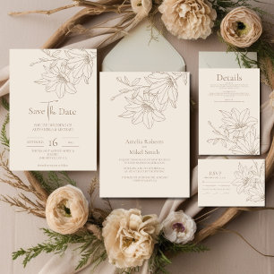 Invitation Élégant Mariage floral moderne Beige Lineart