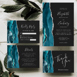 Moderne Blauwgroen Silver Agaat Dark Wedding Kaart