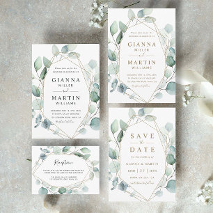 Save The Date Mariage géométrique de feuillage vert Gold Script