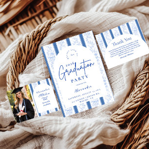 Klassiek Blauwe Toile Afstudeerfeest Bedankkaart