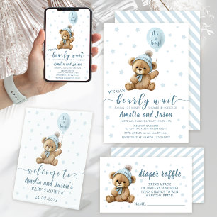 Bear ballon garçon baby shower photo invitation