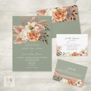 Invitation Tout En Un Mariage Floral Vert Sauge et Pêche