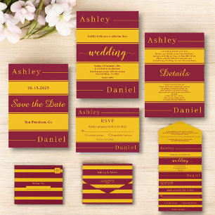 Invitation Elégante Burgundy Et Gold Stripes Mariage De Luxe