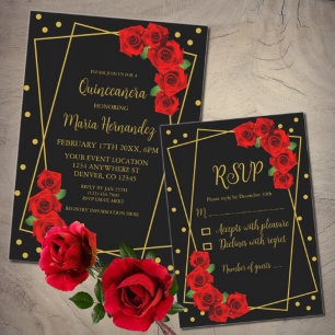 Cartons Réponse Rose rouge Noir et or Quinceañera