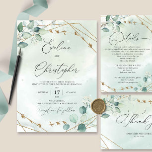 Invitation Mariage de cadre d'or Eucalyptus Foliage vert