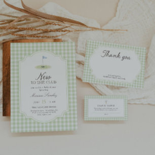 Nieuw bij de Club Golf Groen Gingham Baby Shower Bedankkaart