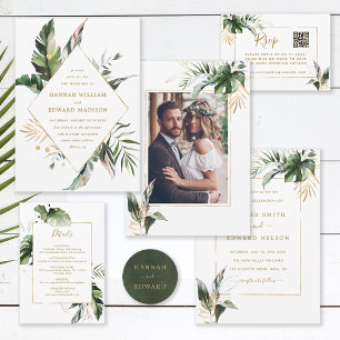 Invitation Aquarelle Tropicale Feuille Mariage d'or Photo