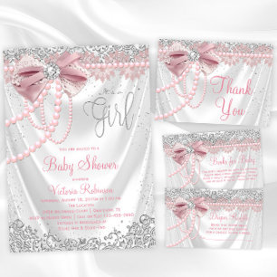Invitation Elégant Baby shower rose Diamant Perle rose Fille