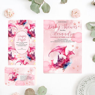 Invitation Tout En Un Aquarelle Whimsical Baby shower de dragon rose