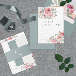 Invitation Tout En Un Fleurs de chalet romantiques Sage Bleu