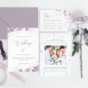 Invitation Flore chic violet avec calligraphie Mariage photo