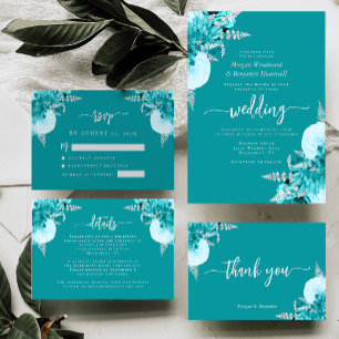 Turquoise Zilveren Bloemige Script Trouw-RSVP Bijl Informatiekaartje