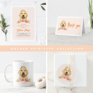 Sticker Rond Joli Golden Retriever et Fleurs de Pêche Anniversa
