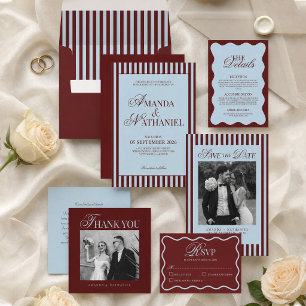 Carte De Remerciements Mariage Rétro Bleu Glace et Bourguignon à Rayures
